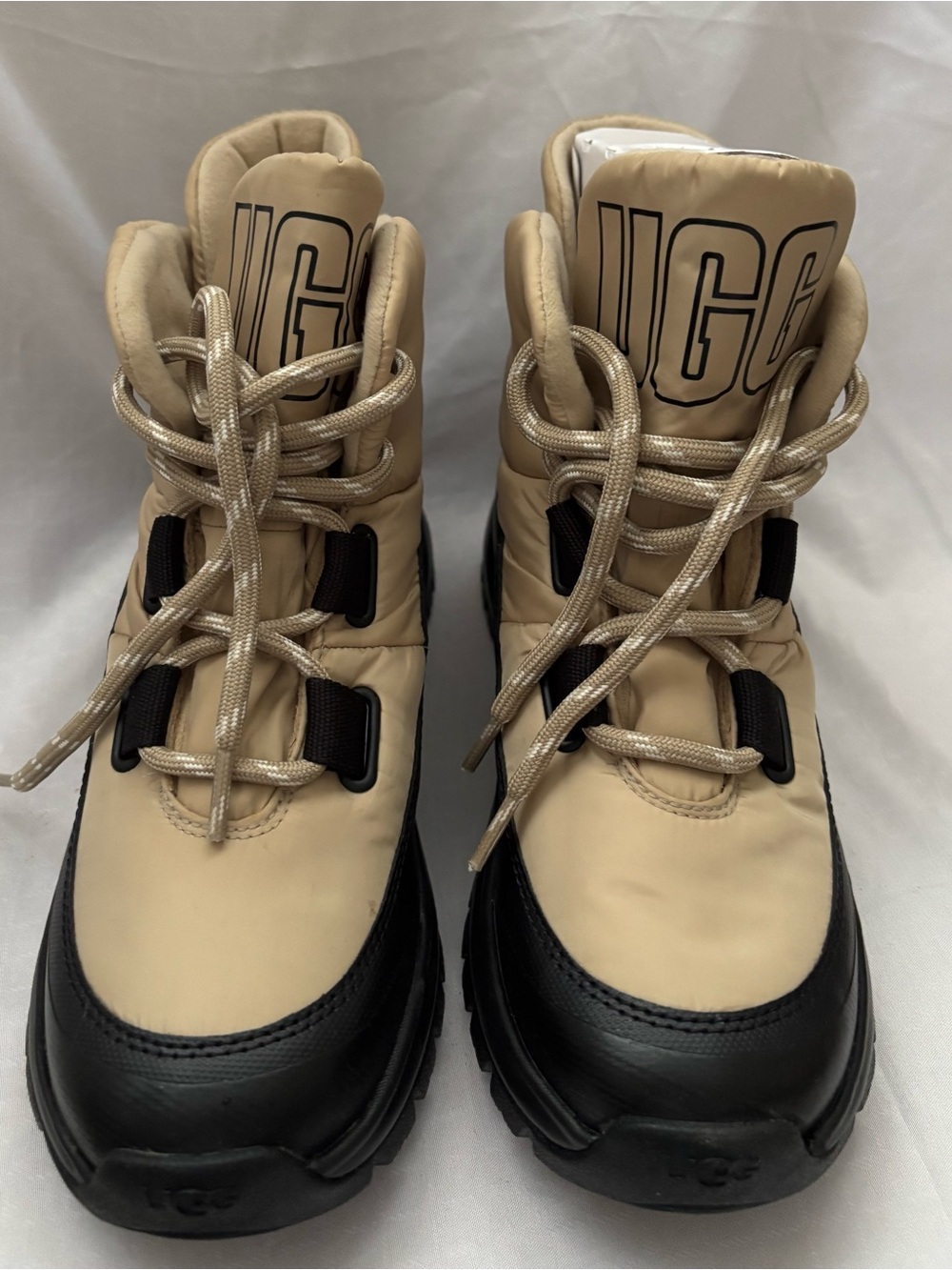 UGG Tan and Black Puffer Lace-Up Winter Boots